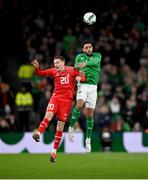 26 March 2024; Michel Aebischer of Switzerland and Andrew Omobamidele of Republic of Ireland during the international friendly match between Republic of Ireland and Switzerland at the Aviva Stadium in Dublin. Photo by David Fitzgerald/Sportsfile