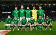 26 March 2024; The Republic of Ireland team, back row, from left, Evan Ferguson, Nathan Collins, Andrew Omobamidele, Gavin Bazunu and Dara O'Shea, with, front, from left, Mikey Johnston, Sammie Szmodics, Robbie Brady, Jason Knight, Seamus Coleman and Josh Cullen before the international friendly match between Republic of Ireland and Switzerland at the Aviva Stadium in Dublin. Photo by Stephen McCarthy/Sportsfile