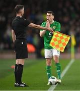 26 March 2024; Seamus Coleman of Republic of Ireland reacts to a decision by an assistant referee during the international friendly match between Republic of Ireland and Switzerland at the Aviva Stadium in Dublin. Photo by David Fitzgerald/Sportsfile