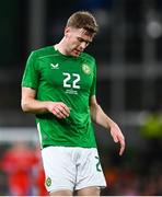 26 March 2024; Nathan Collins of Republic of Ireland reacts during the international friendly match between Republic of Ireland and Switzerland at the Aviva Stadium in Dublin. Photo by Tyler Miller/Sportsfile