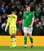 26 March 2024; Nathan Collins, right, and goalkeeper Gavin Bazunu of Republic of Ireland react after conceding a goal during the international friendly match between Republic of Ireland and Switzerland at the Aviva Stadium in Dublin. Photo by Stephen McCarthy/Sportsfile