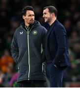 26 March 2024; Republic of Ireland interim head coach John O'Shea, right, and assistant coach Paddy McCarthy during the international friendly match between Republic of Ireland and Switzerland at the Aviva Stadium in Dublin. Photo by Stephen McCarthy/Sportsfile