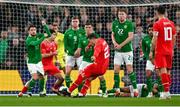 26 March 2024; Xherdan Shaqiri of Switzerland, 23, scores his side's first goal during the international friendly match between Republic of Ireland and Switzerland at the Aviva Stadium in Dublin. Photo by Stephen McCarthy/Sportsfile