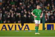 26 March 2024; Seamus Coleman of Republic of Ireland reacts after his side conceded a goal during the international friendly match between Republic of Ireland and Switzerland at the Aviva Stadium in Dublin. Photo by David Fitzgerald/Sportsfile