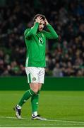 26 March 2024; Mikey Johnston of Republic of Ireland reacts during the international friendly match between Republic of Ireland and Switzerland at the Aviva Stadium in Dublin. Photo by Stephen McCarthy/Sportsfile
