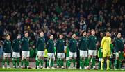 26 March 2024; Republic of Ireland players, from right, Seamus Coleman, goalkeeper Gavin Bazunu, Nathan Collins, Andrew Omobamidele, Robbie Brady, Jason Knight, Josh Cullen, Dara O'Shea, Evan Ferguson, Mikey Johnston and Sammie Szmodics before the international friendly match between Republic of Ireland and Switzerland at the Aviva Stadium in Dublin. Photo by Tyler Miller/Sportsfile