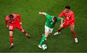 26 March 2024; Seamus Coleman of Republic of Ireland in action against Dan Ndoye, right, and Michel Aebischer of Switzerland during the international friendly match between Republic of Ireland and Switzerland at the Aviva Stadium in Dublin. Photo by Michael P Ryan/Sportsfile