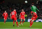 26 March 2024; Mikey Johnston of Republic of Ireland heads the ball towards the goal during the international friendly match between Republic of Ireland and Switzerland at the Aviva Stadium in Dublin. Photo by Stephen McCarthy/Sportsfile