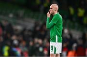 26 March 2024; Will Smallbone of Republic of Ireland reacts at the final whistle of the international friendly match between Republic of Ireland and Switzerland at the Aviva Stadium in Dublin. Photo by Ben McShane/Sportsfile
