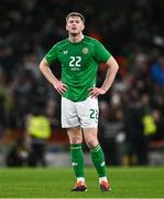 26 March 2024; Nathan Collins of Republic of Ireland reacts at the final whistle of the international friendly match between Republic of Ireland and Switzerland at the Aviva Stadium in Dublin. Photo by Ben McShane/Sportsfile