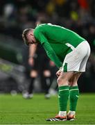 26 March 2024; Evan Ferguson of Republic of Ireland at the final whistle of the international friendly match between Republic of Ireland and Switzerland at the Aviva Stadium in Dublin. Photo by Ben McShane/Sportsfile