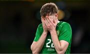 26 March 2024; Nathan Collins of Republic of Ireland reacts after the international friendly match between Republic of Ireland and Switzerland at the Aviva Stadium in Dublin. Photo by Stephen McCarthy/Sportsfile