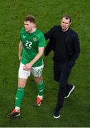 26 March 2024; Republic of Ireland interim head coach John O'Shea and player Nathan Collins after the international friendly match between Republic of Ireland and Switzerland at the Aviva Stadium in Dublin. Photo by Michael P Ryan/Sportsfile