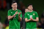 26 March 2024; Josh Cullen of Republic of Ireland applauds supporters after the international friendly match between Republic of Ireland and Switzerland at the Aviva Stadium in Dublin. Photo by Stephen McCarthy/Sportsfile