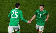 26 March 2024; Finn Azaz of Republic of Ireland comes on as a substitute for team-mate Josh Cullen during the international friendly match between Republic of Ireland and Switzerland at the Aviva Stadium in Dublin. Photo by Michael P Ryan/Sportsfile