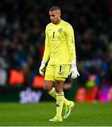 26 March 2024; Republic of Ireland goalkeeper Gavin Bazunu leaves the pitch after the international friendly match between Republic of Ireland and Switzerland at the Aviva Stadium in Dublin. Photo by Tyler Miller/Sportsfile