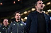 26 March 2024; Republic of Ireland interim head coach John O'Shea, right, with assistant coaches Glenn Whelan and Paddy McCarthy before the international friendly match between Republic of Ireland and Switzerland at the Aviva Stadium in Dublin. Photo by Stephen McCarthy/Sportsfile