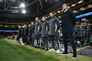 26 March 2024; Republic of Ireland interim head coach John O'Shea, right, with assistant coaches Glenn Whelan and Paddy McCarthy and their backroom staff before the international friendly match between Republic of Ireland and Switzerland at the Aviva Stadium in Dublin. Photo by Stephen McCarthy/Sportsfile