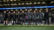 26 March 2024; Republic of Ireland coaching staff, from left, StatSport analyst Andrew Morrissey, kit and equipment manager Karl McKenna, lead physiotherapist Danny Miller, team doctor Sean Carmody, head of athletic performance Damien Doyle, goalkeeping coach Rene Gilmartin, assistant coaches Glenn Whelan and Paddy McCarthy and interim head coach John O'Shea before the international friendly match between Republic of Ireland and Switzerland at the Aviva Stadium in Dublin. Photo by Stephen McCarthy/Sportsfile