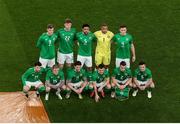 26 March 2024; The Republic of Ireland team, back row, from left, Evan Ferguson, Nathan Collins, Andrew Omobamidele, Gavin Bazunu and Dara O'Shea, with, front, from left, Mikey Johnston, Sammie Szmodics, Robbie Brady, Jason Knight, Seamus Coleman and Josh Cullen before the international friendly match between Republic of Ireland and Switzerland at the Aviva Stadium in Dublin. Photo by Michael P Ryan/Sportsfile
