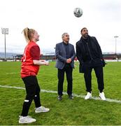 27 March 2024; The partnership of Rio Ferdinand Foundation (RFF) and the International Fund for Ireland (IFI) teamed up to deliver a match day experience hosted at Sligo Rovers, The Showgrounds. The 'Beyond the Ball' matchday brought together young people aged between 16 and 18 from community projects across the southern border counties and Northern Ireland as part of a major partnership approach to peacebuilding and cross-community reconciliation funded through the IFI's Communities in Partnership Programme (CiPP). At the heart of the partnership is a desire to connect young people, broaden their horizons and build their confidence and leadership skills to empower community leaders. The Beyond the Ball programme is one of the IFI’s most significant funding allocations in recent years with an overall investment of €628,850 / £541,713, which included an initial pilot scheme in 2023. Pictured are Rio Ferdinand and Paddy Harte, Chair of the IFI, with Phoebe Wallace from Enniskillen. Photo by David Fitzgerald/Sportsfile