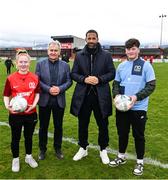 27 March 2024; The partnership of Rio Ferdinand Foundation (RFF) and the International Fund for Ireland (IFI) teamed up to deliver a match day experience hosted at Sligo Rovers, The Showgrounds. The 'Beyond the Ball' matchday brought together young people aged between 16 and 18 from community projects across the southern border counties and Northern Ireland as part of a major partnership approach to peacebuilding and cross-community reconciliation funded through the IFI's Communities in Partnership Programme (CiPP). At the heart of the partnership is a desire to connect young people, broaden their horizons and build their confidence and leadership skills to empower community leaders. The Beyond the Ball programme is one of the IFI’s most significant funding allocations in recent years with an overall investment of €628,850 / £541,713, which included an initial pilot scheme in 2023. Pictured are Rio Ferdinand and Paddy Harte, Chair of the IFI, with Phoebe Wallace from Enniskillen and Torry Sloan from Omagh. Photo by David Fitzgerald/Sportsfile