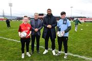 27 March 2024; The partnership of Rio Ferdinand Foundation (RFF) and the International Fund for Ireland (IFI) teamed up to deliver a match day experience hosted at Sligo Rovers, The Showgrounds. The 'Beyond the Ball' matchday brought together young people aged between 16 and 18 from community projects across the southern border counties and Northern Ireland as part of a major partnership approach to peacebuilding and cross-community reconciliation funded through the IFI's Communities in Partnership Programme (CiPP). At the heart of the partnership is a desire to connect young people, broaden their horizons and build their confidence and leadership skills to empower community leaders. The Beyond the Ball programme is one of the IFI’s most significant funding allocations in recent years with an overall investment of €628,850 / £541,713, which included an initial pilot scheme in 2023. Pictured are Rio Ferdinand and Paddy Harte, Chair of the IFI, with Phoebe Wallace from Enniskillen and Torry Sloan from Omagh. Photo by David Fitzgerald/Sportsfile