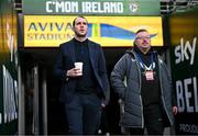 26 March 2024; Republic of Ireland interim head coach John O'Shea and analyst Martin Doyle, right, before the international friendly match between Republic of Ireland and Switzerland at the Aviva Stadium in Dublin. Photo by Stephen McCarthy/Sportsfile