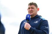 27 March 2024; Ireland international player Tadgh Furlong is interviewed during the BearingPoint Shane Horgan Cup Round 5 match between Midlands and North East at Carlow Institute of Technology in Carlow. Photo by Tyler Miller/Sportsfile