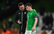 26 March 2024; Republic of Ireland communications manager Kieran Crowley and Seamus Coleman after the international friendly match between Republic of Ireland and Switzerland at the Aviva Stadium in Dublin. Photo by Stephen McCarthy/Sportsfile