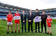 27 March 2024; Uachtarán Chumann Lúthchleas Gael Jarlath Burns, centre, with, from left, Knockbridge hurler Cormac Ludon, Derry hurler Ruairi O'Mianain, Shane Flanagan, GAA director of Coaching and Games, Sligo hurler Tony O'Kelly-Lynch, Louth hurler Paddy Lynch and Knockbridge hurler youth Cian Fehily during the Táin Óg & Cúchulainn Launch at Croke Park in Dublin. Photo by Ben McShane/Sportsfile