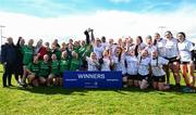 27 March 2024; The South East and Midlands team celebrate with the cup after the BearingPoint Sarah Robinson Cup Round 5 match between Midlands and North East at Carlow Institute of Technology in Carlow. Photo by Tyler Miller/Sportsfile