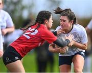 27 March 2024; Meabh O'Hara of Midlands is tackled by Alysah Hollywood of North East during the BearingPoint Sarah Robinson Cup Round 5 match between Midlands and North East at Carlow Institute of Technology in Carlow. Photo by Tyler Miller/Sportsfile