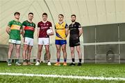 27 March 2024; Footballers in attendance, from left, Jack Casey of Leitrim, Diarmuid O'Connor of Mayo, John Daly of Galway, Conor Hussey of Roscommon and Keelan Cawley of Sligo during the launch of the 2024 Connacht GAA Football Championship at University of Galway Connacht GAA AirDome in Bekan, Mayo. Photo by Piaras Ó Mídheach/Sportsfile