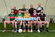 27 March 2024; Footballers in front row, from left, Diarmuid O'Connor of Mayo, Jack Casey of Leitrim, Conor Hussey of Roscommon, John Daly of Galway and Keelan Cawley of Sligo and back row from left, Mayo manager Kevin McStay, Leitrim manager Andy Moran, Galway selector John Concannon and Sligo selector Noel McGuire during the launch of the 2024 Connacht GAA Football Championship at University of Galway Connacht GAA AirDome in Bekan, Mayo. Photo by Piaras Ó Mídheach/Sportsfile