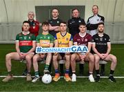 27 March 2024; Footballers in front row, from left, Diarmuid O'Connor of Mayo, Jack Casey of Leitrim, Conor Hussey of Roscommon, John Daly of Galway and Keelan Cawley of Sligo and back row from left, Mayo manager Kevin McStay, Leitrim manager Andy Moran, Galway selector John Concannon and Sligo selector Noel McGuire during the launch of the 2024 Connacht GAA Football Championship at University of Galway Connacht GAA AirDome in Bekan, Mayo. Photo by Piaras Ó Mídheach/Sportsfile