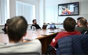 27 March 2024; New York manager Alan O'Mara is seen on a screen as he is interviewed remotely during the launch of the Connacht GAA Football Championship at Connacht GAA Centre of Excellence in Bekan, Mayo. Photo by Piaras Ó Mídheach/Sportsfile