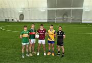 27 March 2024; Footballers in attendance, from left, Jack Casey of Leitrim, Diarmuid O'Connor of Mayo, John Daly of Galway, Conor Hussey of Roscommon and Keelan Cawley of Sligo during the launch of the 2024 Connacht GAA Football Championship at University of Galway Connacht GAA AirDome in Bekan, Mayo. Photo by Piaras Ó Mídheach/Sportsfile