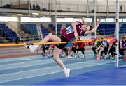 23 March 2024; Sophie O'Flaherty of Lios Tuathail AC, Kerry, competes in the girls under 13 high jump during day one of the 123.ie National Juvenile Indoor Championships at the TUS International Arena in Athlone.  Photo by Stephen Marken/Sportsfile