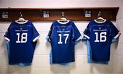 29 March 2024; The jerseys of Leinster player Tadhg Fulong, Michael Milne and Dan Sheehan are seen before the United Rugby Championship match between Leinster and Vodacom Bulls at the RDS Arena in Dublin. Photo by Harry Murphy/Sportsfile