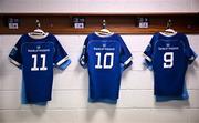 29 March 2024; The jerseys of Leinster player James Lowe, Harry Byrne and Luke McGrath are seen before the United Rugby Championship match between Leinster and Vodacom Bulls at the RDS Arena in Dublin. Photo by Harry Murphy/Sportsfile