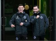 29 March 2024; Trevor Clarke, left, and Richie Towell of Shamrock Rovers before the SSE Airtricity Men's Premier Division match between Shamrock Rovers and Bohemians at Tallaght Stadium in Dublin. Photo by David Fitzgerald/Sportsfile