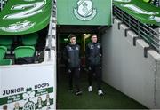 29 March 2024; Dylan Watts, left, and Gary O'Neill of Shamrock Rovers before the SSE Airtricity Men's Premier Division match between Shamrock Rovers and Bohemians at Tallaght Stadium in Dublin. Photo by David Fitzgerald/Sportsfile