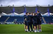 29 March 2024; Leinster players huddle before the United Rugby Championship match between Leinster and Vodacom Bulls at the RDS Arena in Dublin. Photo by Seb Daly/Sportsfile