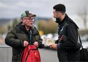 29 March 2024; Roberto Lopes of Shamrock Rovers recieves an easter card from Shamrock Rovers supporter John Noonan before the SSE Airtricity Men's Premier Division match between Shamrock Rovers and Bohemians at Tallaght Stadium in Dublin. Photo by Stephen McCarthy/Sportsfile