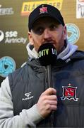29 March 2024; Dundalk head coach Stephen O'Donnell is interviewed for LOITV before the SSE Airtricity Men's Premier Division match between Shelbourne and Dundalk at Tolka Park in Dublin. Photo by Tyler Miller/Sportsfile