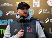 29 March 2024; Dundalk head coach Stephen O'Donnell is interviewed for LOITV before the SSE Airtricity Men's Premier Division match between Shelbourne and Dundalk at Tolka Park in Dublin. Photo by Tyler Miller/Sportsfile