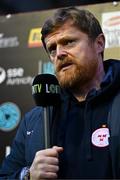 29 March 2024; Shelbourne manager Damien Duff is interviewed for LOITV before the SSE Airtricity Men's Premier Division match between Shelbourne and Dundalk at Tolka Park in Dublin. Photo by Tyler Miller/Sportsfile