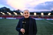 29 March 2024; Galway United manager John Caulfield is interviewed by LOITV before the SSE Airtricity Men's Premier Division match between Derry City and Galway United at The Ryan McBride Brandywell Stadium in Derry. Photo by Ben McShane/Sportsfile