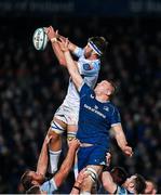 29 March 2024; Ruan Nortje of Vodacom Bulls takes possession in a lineout ahead of Ross Molony of Leinster during the United Rugby Championship match between Leinster and Vodacom Bulls at the RDS Arena in Dublin. Photo by Seb Daly/Sportsfile